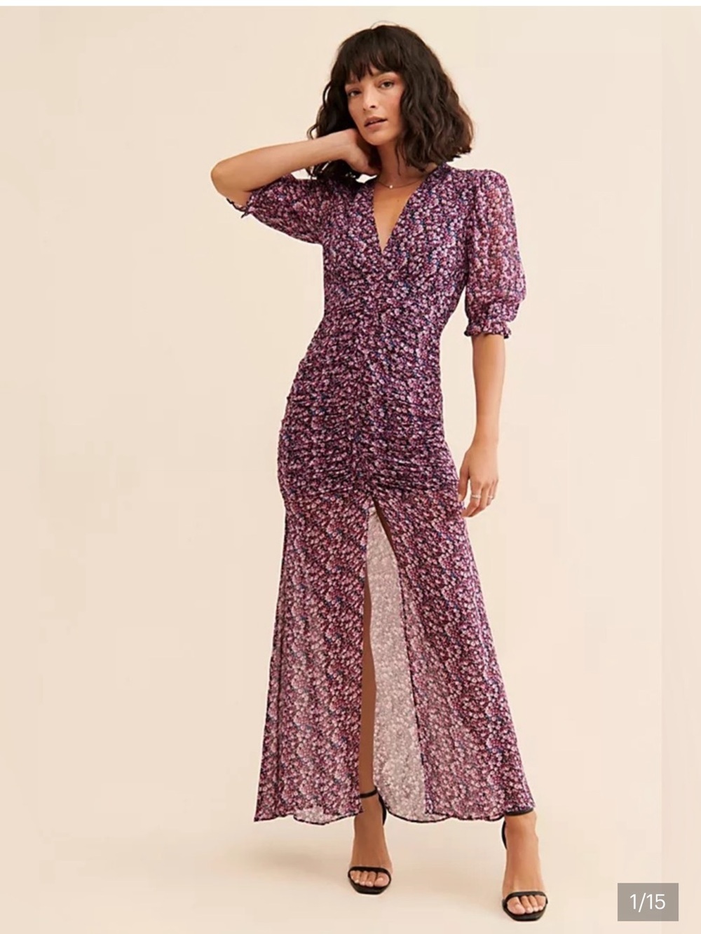 SAYLOR Blossom Ditsy Floral Chiffon Ruched Puff Sleeve Midi Dress